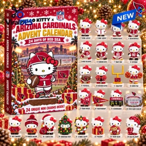 Front view of Hello Kitty x Arizona Cardinals advent calendar showing 24 numbered football-themed character charms.