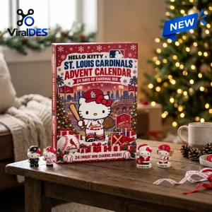 Front view of the Hello Kitty x St. Louis Cardinals Advent Calendar box on a wooden table with mini figures.