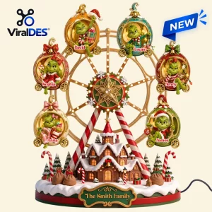 Personalized The Grinch Christmas Ferris Acrylic Light Box with six rotating ornament capsules featuring Grinch characters.