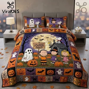 Peanuts Great Pumpkin Halloween Bedding Quilt Set featuring Snoopy, Charlie Brown, and Lucy in a pumpkin patch scene.