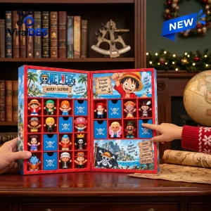 Front view of One Piece Luffy Advent Calendar 2026 with miniature character figures inside open cardboard compartments.