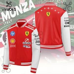 Scuderia Ferrari Monza 2026 Varsity Jacket with red body, white sleeves, team logos, and racing sponsor graphics.