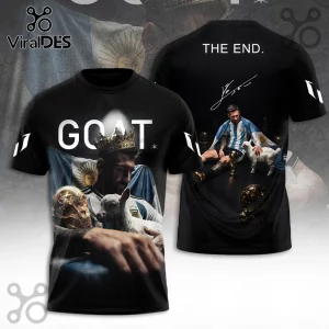 Lionel Messi Argentina National Football Team GOAT black hoodie featuring player portrait, golden trophy, and white goat.