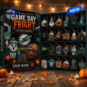 Front view of Miami Dolphins Game Day Fright Halloween Advent Calendar open with 24 spooky ornaments.