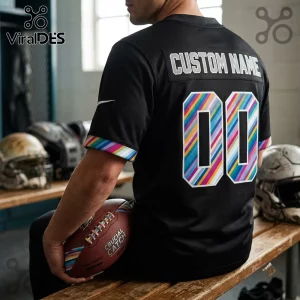Philadelphia Eagles 2026 Crucial Catch Black Football Jersey with multicolored diagonal striped numbers and sleeve trim.