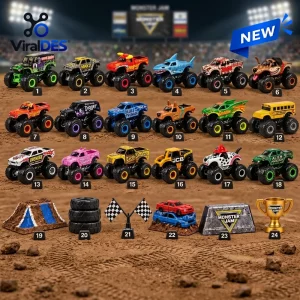 Front view of Monster Jam Advent Calendar 2026 toys laid out on dirt.