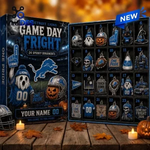 Open view of Detroit Lions Game Day Fright Halloween Advent Calendar displaying 24 numbered spooky ornaments.