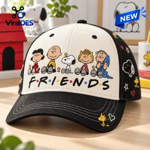 Front view of Peanuts Snoopy Friends black baseball cap featuring cartoon character illustrations and Friends text.