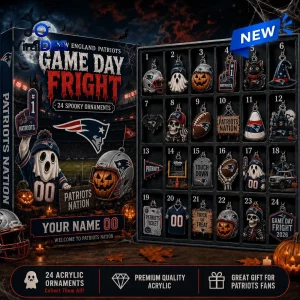 Open New England Patriots Halloween 2026 Advent Calendar displaying twenty-four spooky football ornaments.