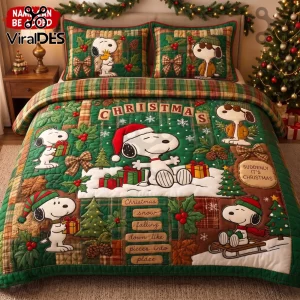 Suddenly Its Christmas Snoopy Holiday Quilt Bedding Set features green plaid fabric with Snoopy in Santa hats and gifts.