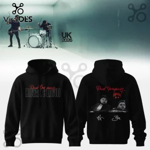 Royal Blood UK Tour 2026 Signature Black Hoodie featuring band logo on the front and printed artist portraits on the back.