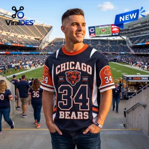 Man wearing an NFL Chicago Bears 34 custom name shirt at a stadium.