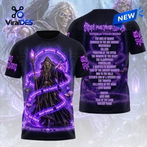 Iron Maiden 2026 World Tour purple mascot shirt featuring hooded skeletal figure holding a staff on black cotton fabric.