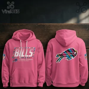 Buffalo Bills 2026 NFL Crucial Catch Pink Hoodie featuring team branding, multi-color striped patterns, and pocket detail.
