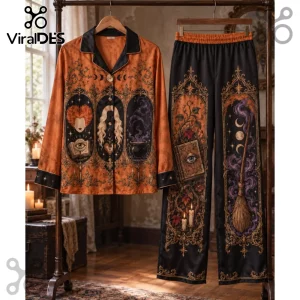 Hocus Pocus Halloween Satin Pajama Set 2026 featuring orange and black fabric with Sanderson sister and magic motifs.