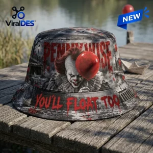 Front view of the Pennywise You'll Float Too Horror Bucket Hat resting on a wooden dock.