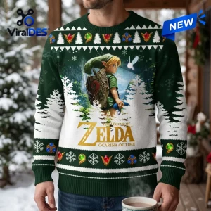 Front view of a dark green Christmas sweater featuring an illustrated figure, pine trees, and winter-themed patterns.