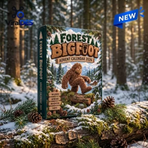 Perspective view of the Forest Bigfoot Hand-Carved Advent Calendar box resting on a snowy log in a winter pine forest.