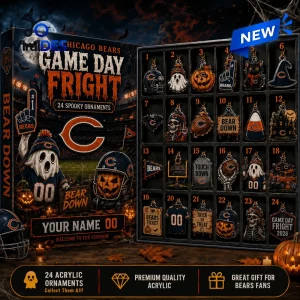 Front view of the Chicago Bears Game Day Fright Halloween Advent Calendar with 24 numbered spooky ornaments.
