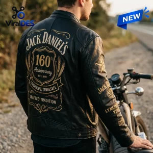 Jack Daniel's 160th Anniversary Black Leather Motorcycle Jacket featuring gold branding and 1866 date on the back.