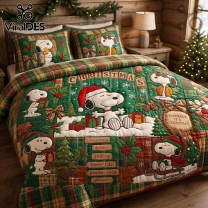 Suddenly Its Christmas Snoopy Holiday Quilt Bedding Set features Snoopy, gifts, and plaid accents in green and brown tones.