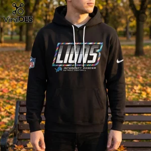 NFL Detroit Lions 2026 Crucial Catch black hoodie featuring a multi-color graphic text logo and white drawstring cords.