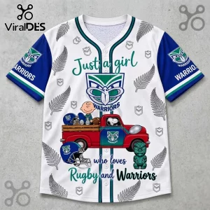 New Zealand Warriors Snoopy Rugby button down jersey featuring Peanuts characters, fern patterns, and team logos.