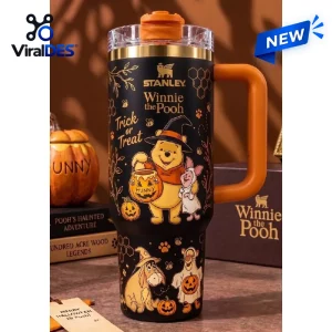 Front view of a 40oz tumbler featuring a yellow bear character and friends in Halloween costumes with Trick or Treat text.