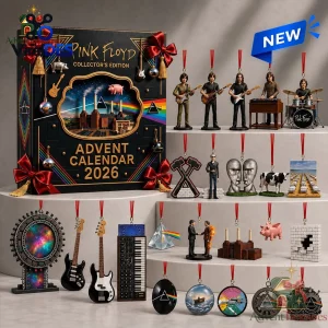Front view of the Pink Floyd Advent Calendar 2026 with miniature figurines and ornaments.