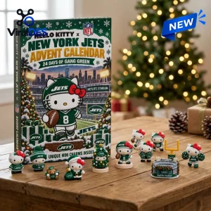 Front view of a Hello Kitty x New York Jets Advent Calendar with decorative mini figurines on a wooden table.