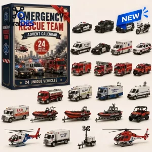 Front view of Emergency Rescue Team Advent Calendar 2026 box and twenty-four miniature vehicles.