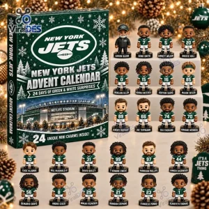 Front view of New York Jets NFL Advent Calendar box with twenty-four miniature figures arranged around it.