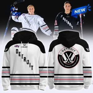Front and back views of PWHL Detroit 2026 Away Hoodie with team graphics.