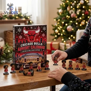 Front view of Chicago Bulls Mini Figurine Advent Calendar 2026 box with small player figures on a wooden table.