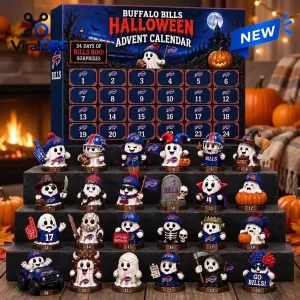 Front view of a Buffalo Bills spooky ghost advent calendar with twenty-four numbered compartments and figurines.