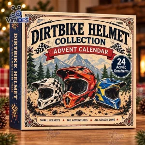 Front view of the Dirt Bike Helmet Christmas Advent Calendar 2026 box with three helmet illustrations.