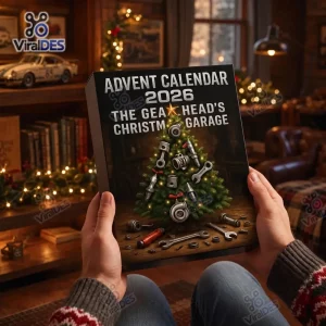 Close-up of hands holding the Gearhead Christmas Garage Advent Calendar 2026 box with a tool-themed tree design.