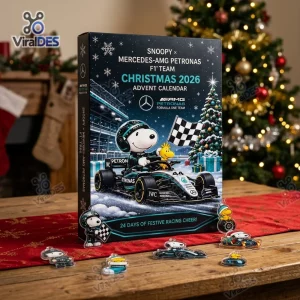 Front view of the Snoopy x Mercedes AMG Petronas Christmas 2026 Advent Calendar box on a wooden table.