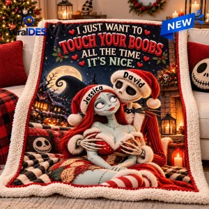 Front view of Horror Couple Personalized Christmas Sherpa Blanket with skeleton characters.