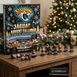 Front view of the Jacksonville Jaguars 2026 Advent Calendar box alongside mini player figurines on a wooden surface.
