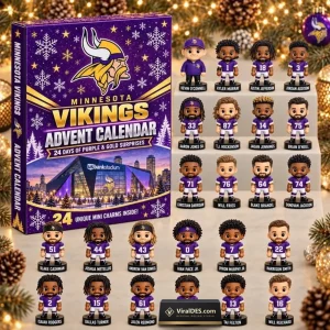 Front view of the Minnesota Vikings 2026 Advent Calendar box alongside arranged player figurines.