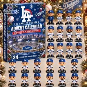 Front view of a Los Angeles Dodgers Baseball Advent Calendar next to twenty four player figurines.