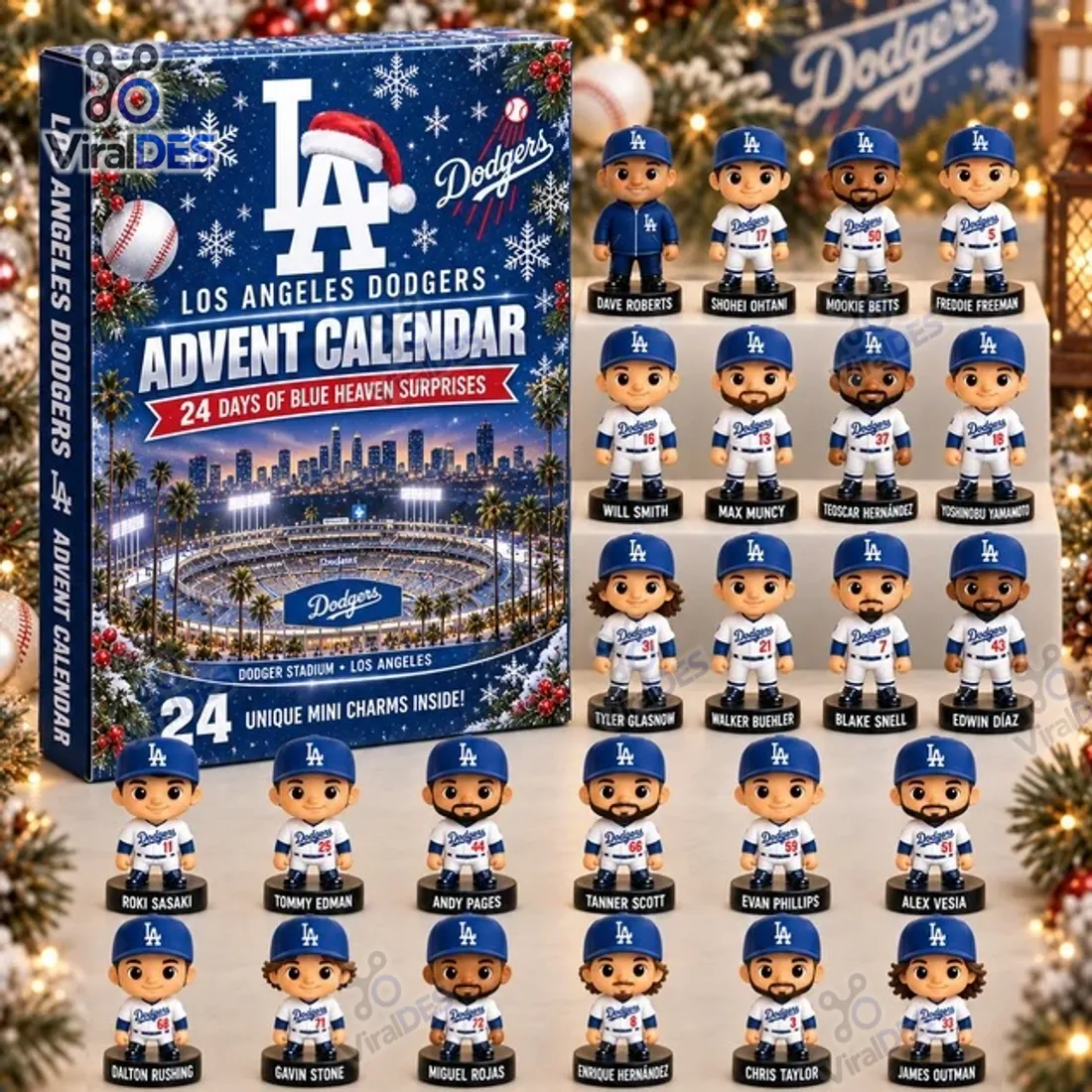 Los Angeles Dodgers Baseball Advent Calendar 24 miniature 3D player figurines on named black bases next to collector box