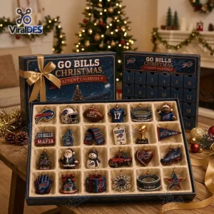 Front view of an open Buffalo Bills Christmas Advent Calendar revealing twenty four small compartments with miniature ornaments.