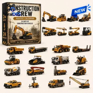 Front view of the Construction Crew Advent Calendar 2026 box alongside twenty-four toy vehicles.