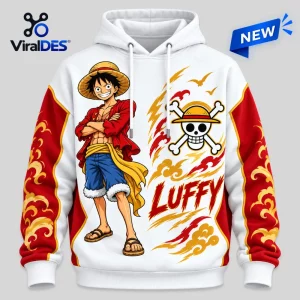 Front view of the One Piece Luffy anime hoodie featuring character graphics and red sleeves.