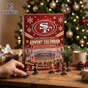 Front view of San Francisco 49ers NFL Advent Calendar box with mini figures on a festive table.