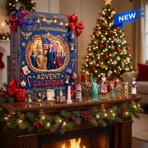 Front view of America 250 Semiquincentennial 2026 Advent Calendar box with patriotic figures displayed on a mantle.