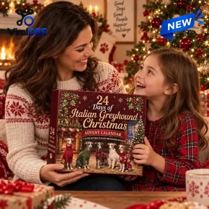 Mother and daughter holding the Italian Greyhound Christmas Advent Calendar 2026 near a tree.