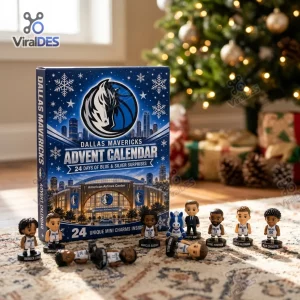 Front view of the Dallas Mavericks 2026 Advent Calendar box with mini figurines displayed in front.